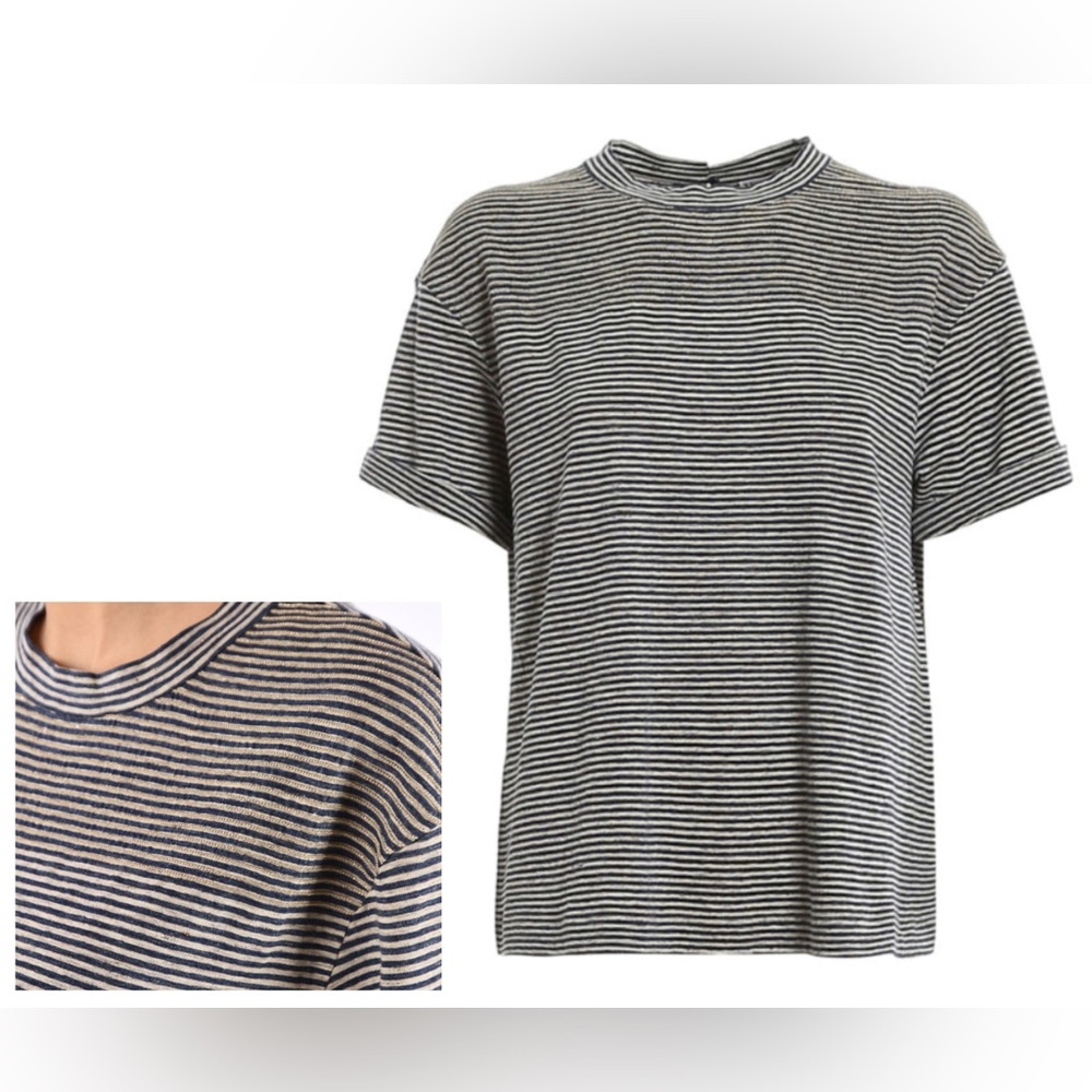 Brunello Cucinelli Striped Micro Studded Linen Jersey T-shirt Blue Gray Medium